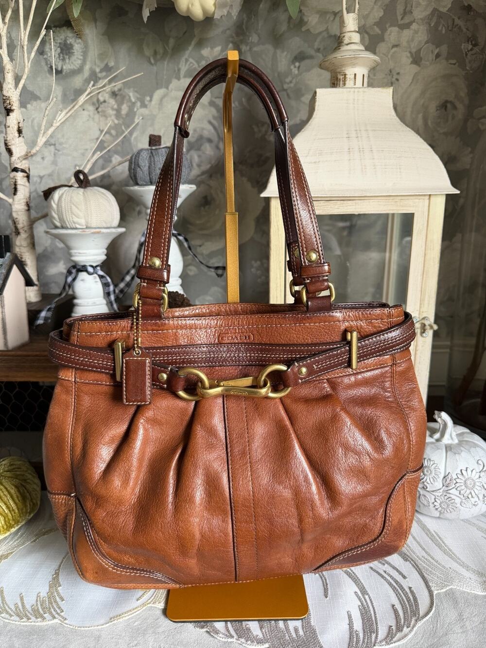 Y2K Coach HAMPTONS Brown Leather Belted Carryall Handbag Purse 12476